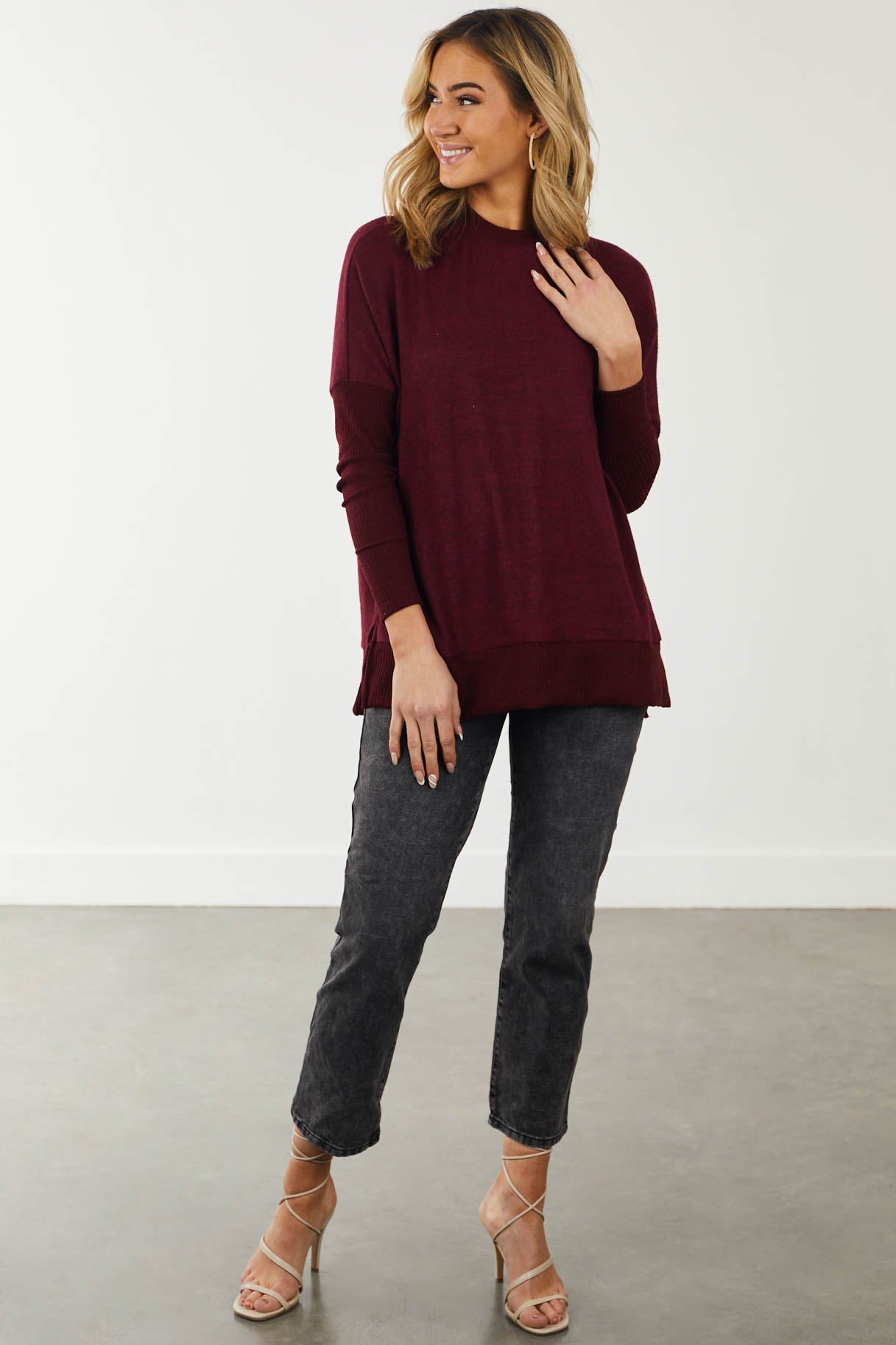 Burgundy Brushed Knit Top with Ribbed Contrast