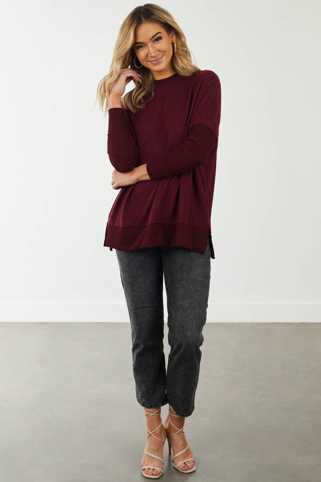 Burgundy Brushed Knit Top with Ribbed Contrast