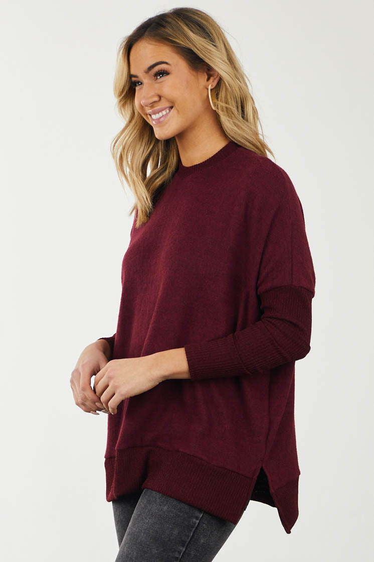 Burgundy Brushed Knit Top with Ribbed Contrast