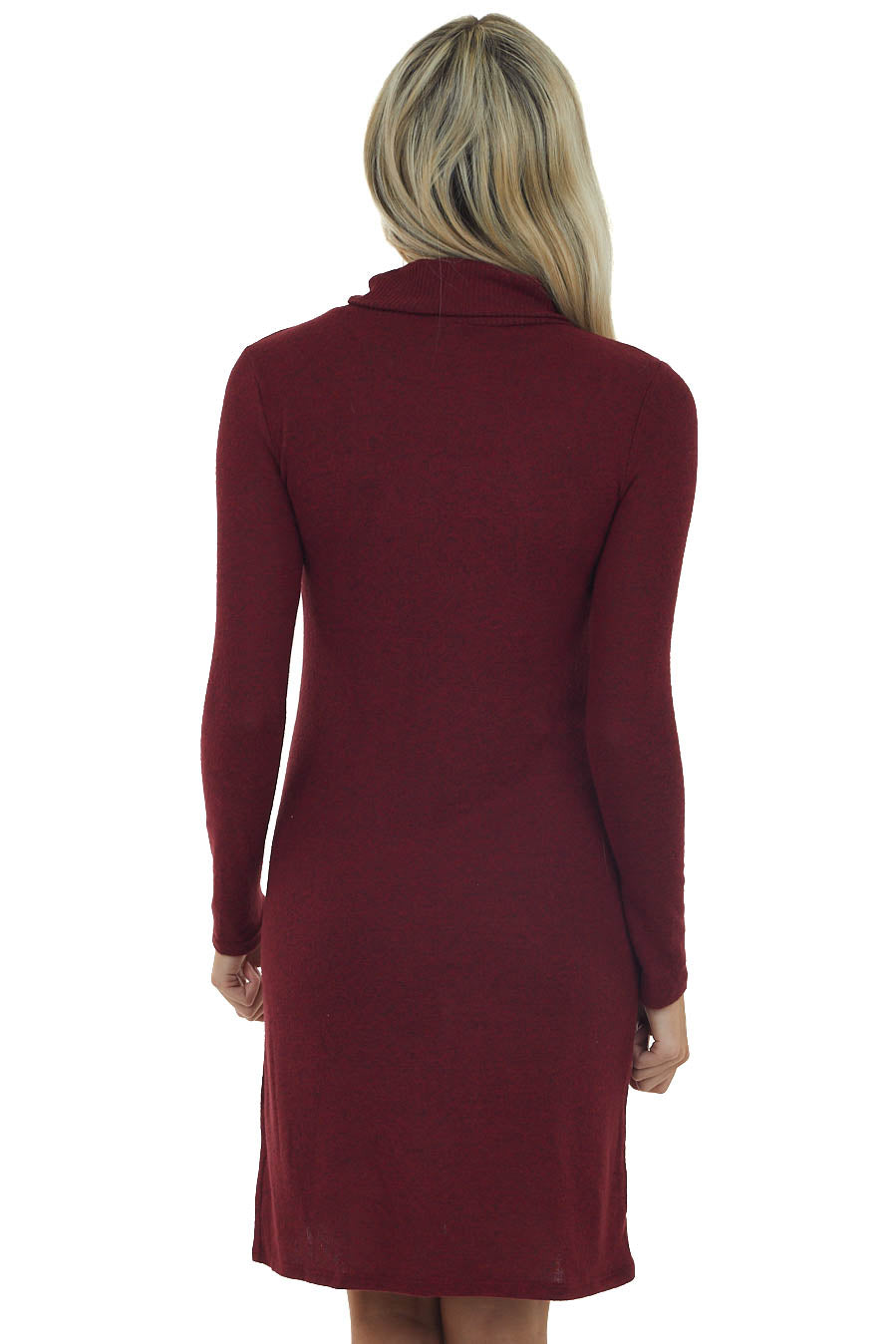 Burgundy Brushed Knit Turtleneck Dress with Long Sleeves