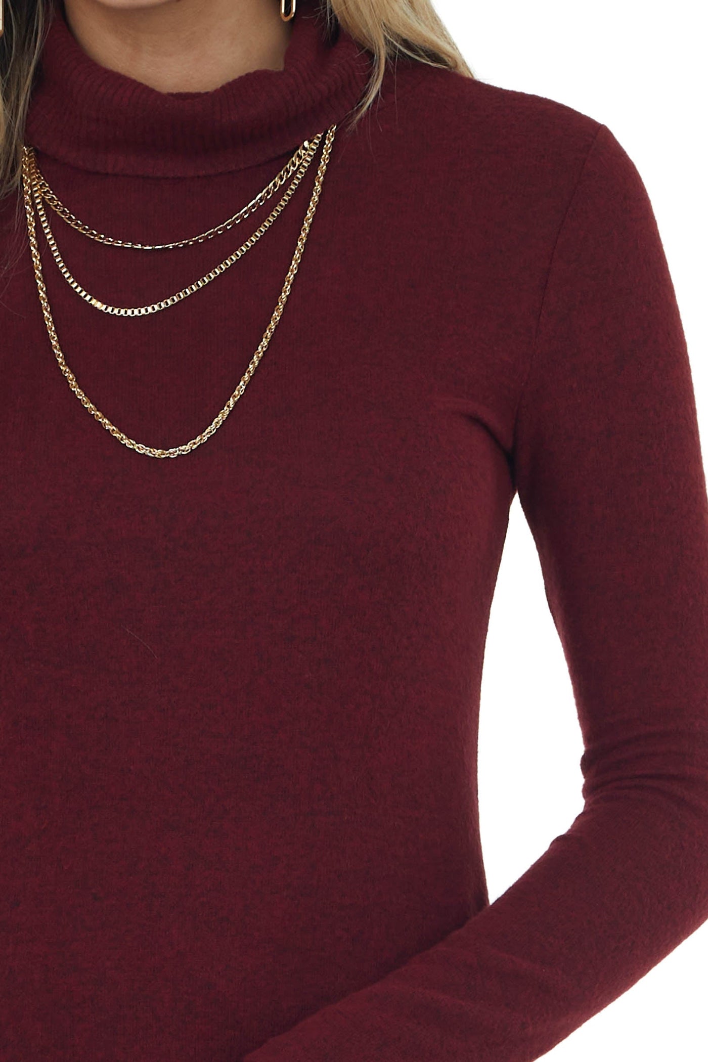 Burgundy Brushed Knit Turtleneck Dress with Long Sleeves