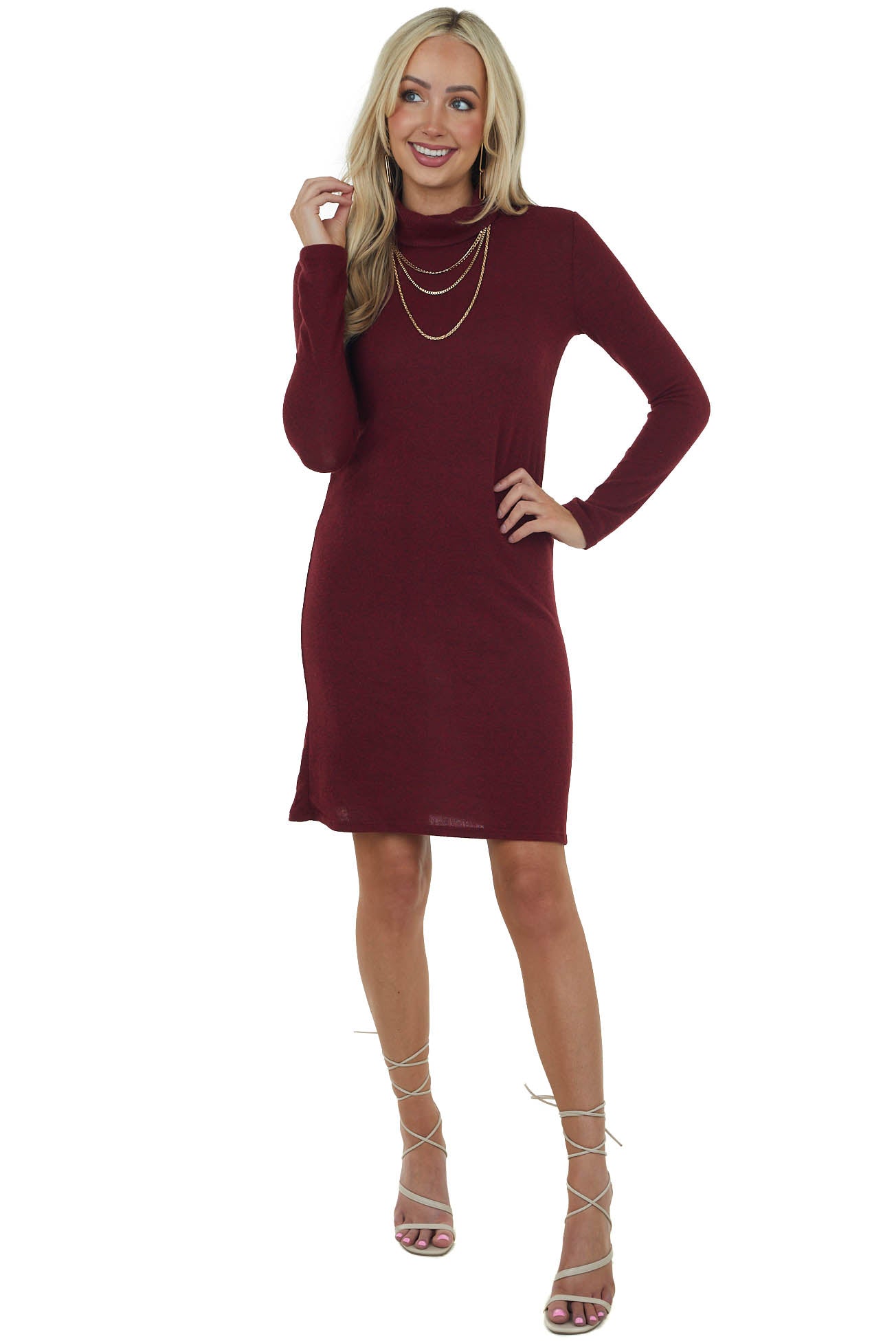 Burgundy Brushed Knit Turtleneck Dress with Long Sleeves