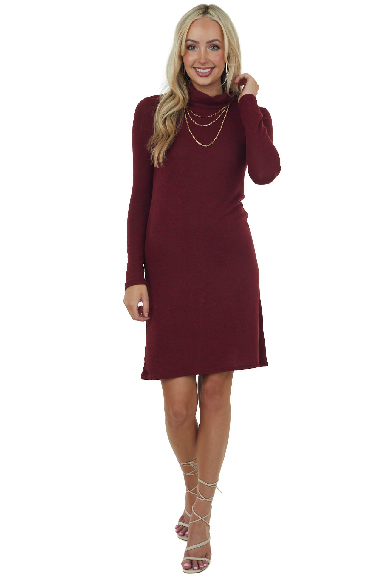 Burgundy Brushed Knit Turtleneck Dress with Long Sleeves