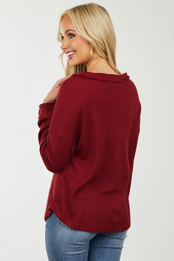 Burgundy Button V Neckline Waffle Knit Top