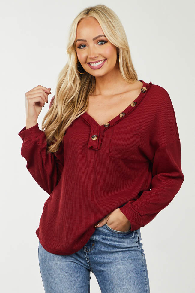 Burgundy Button V Neckline Waffle Knit Top