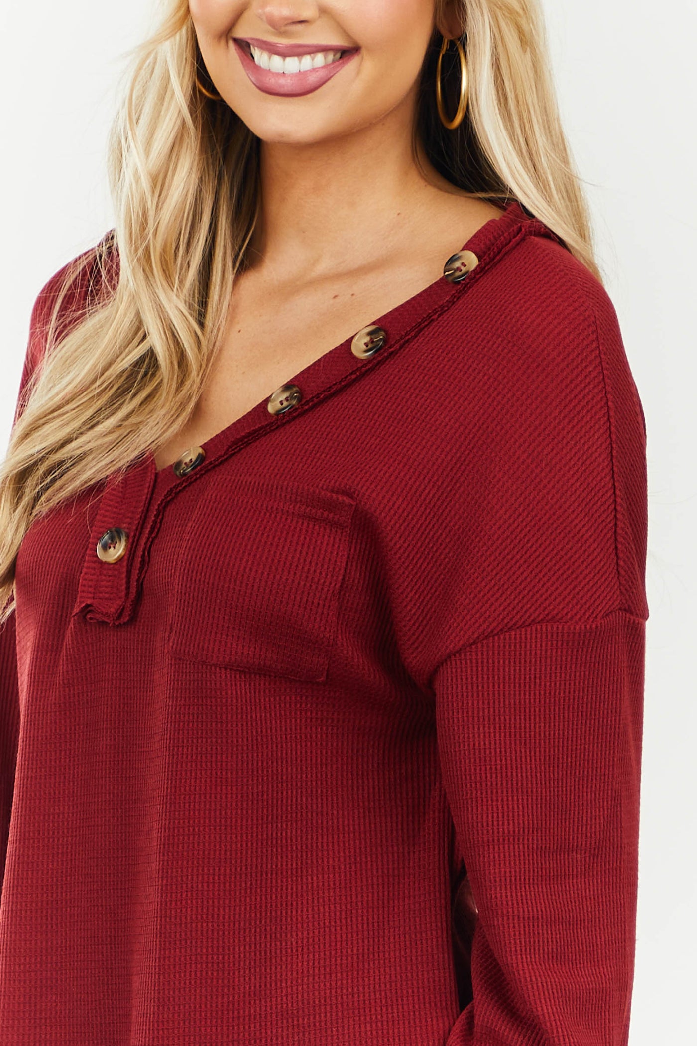 Burgundy Button V Neckline Waffle Knit Top