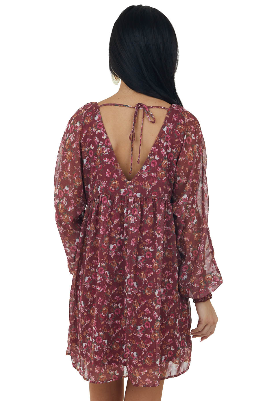 Burgundy Floral Print Woven Silky Short Dress