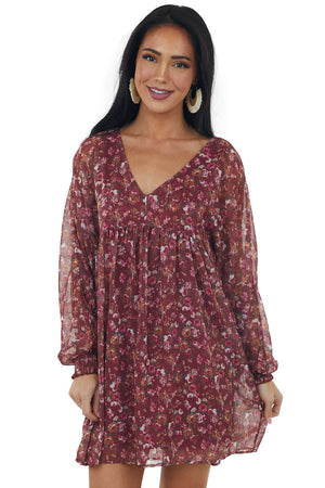 Burgundy Floral Print Woven Silky Short Dress