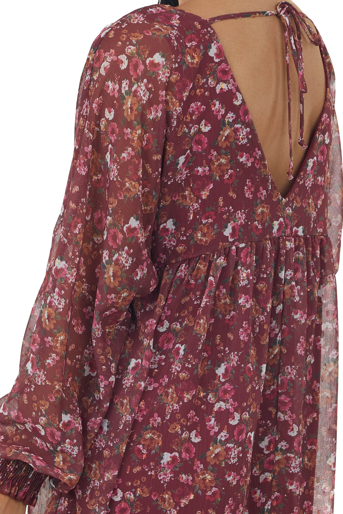 Burgundy Floral Print Woven Silky Short Dress