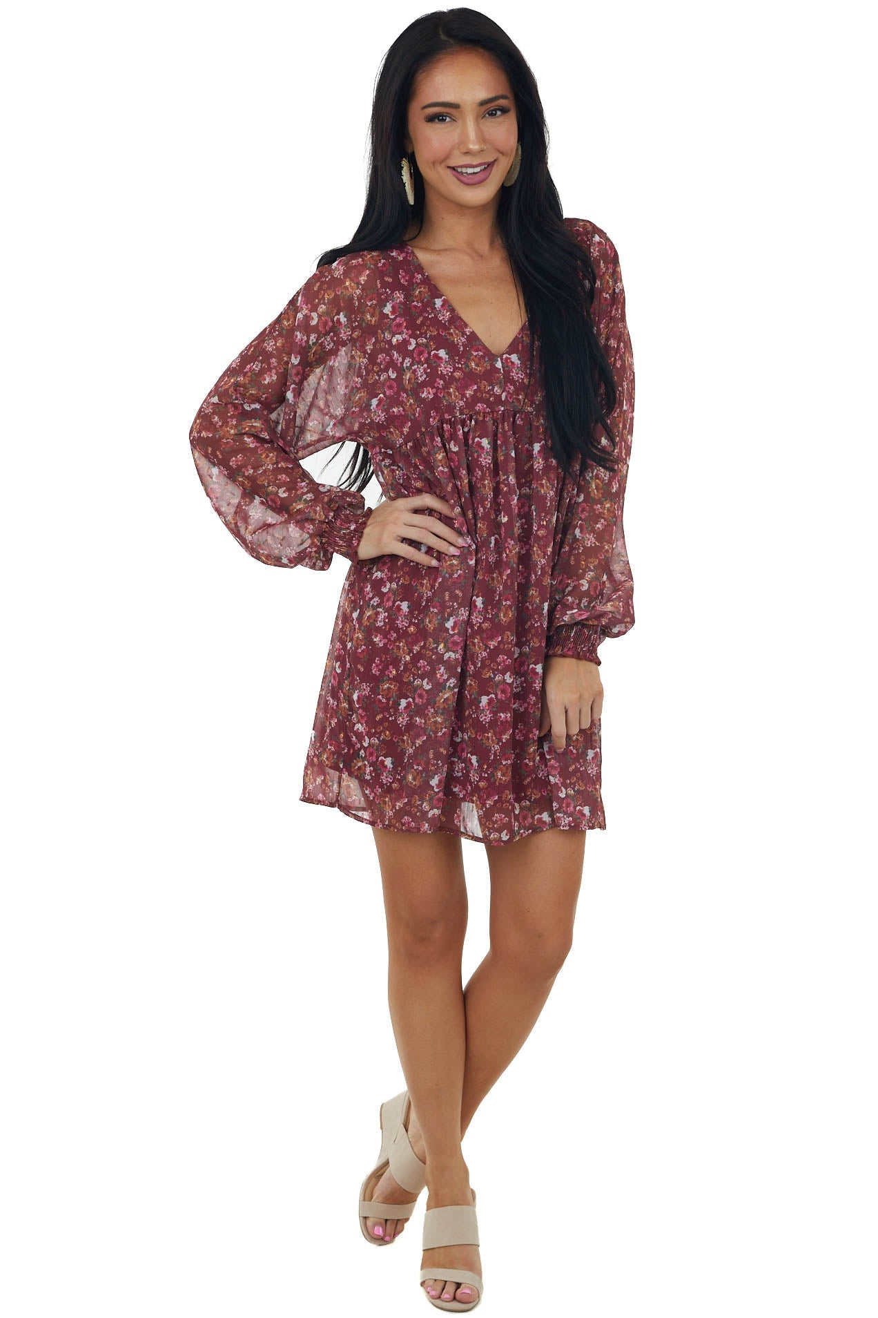Burgundy Floral Print Woven Silky Short Dress