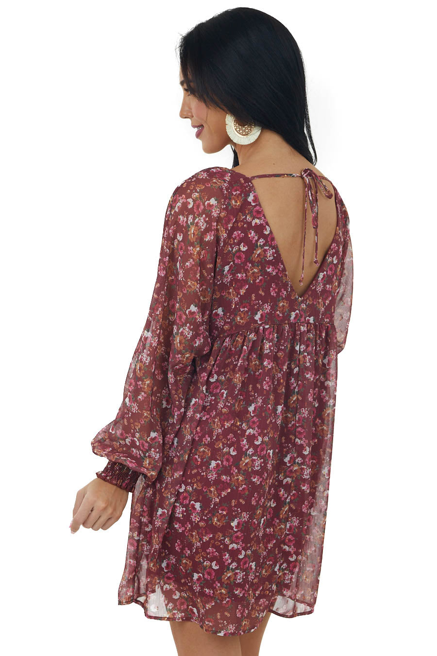 Burgundy Floral Print Woven Silky Short Dress