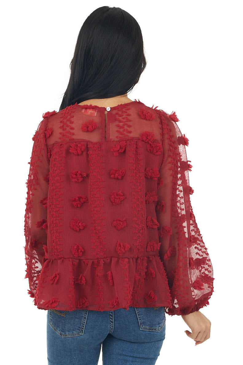 Burgundy Long Sleeve Pom Pom Detail Babydoll Top