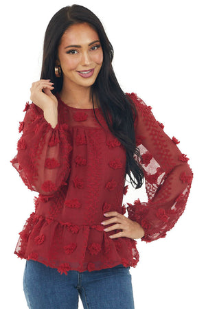 Burgundy Long Sleeve Pom Pom Detail Babydoll Top