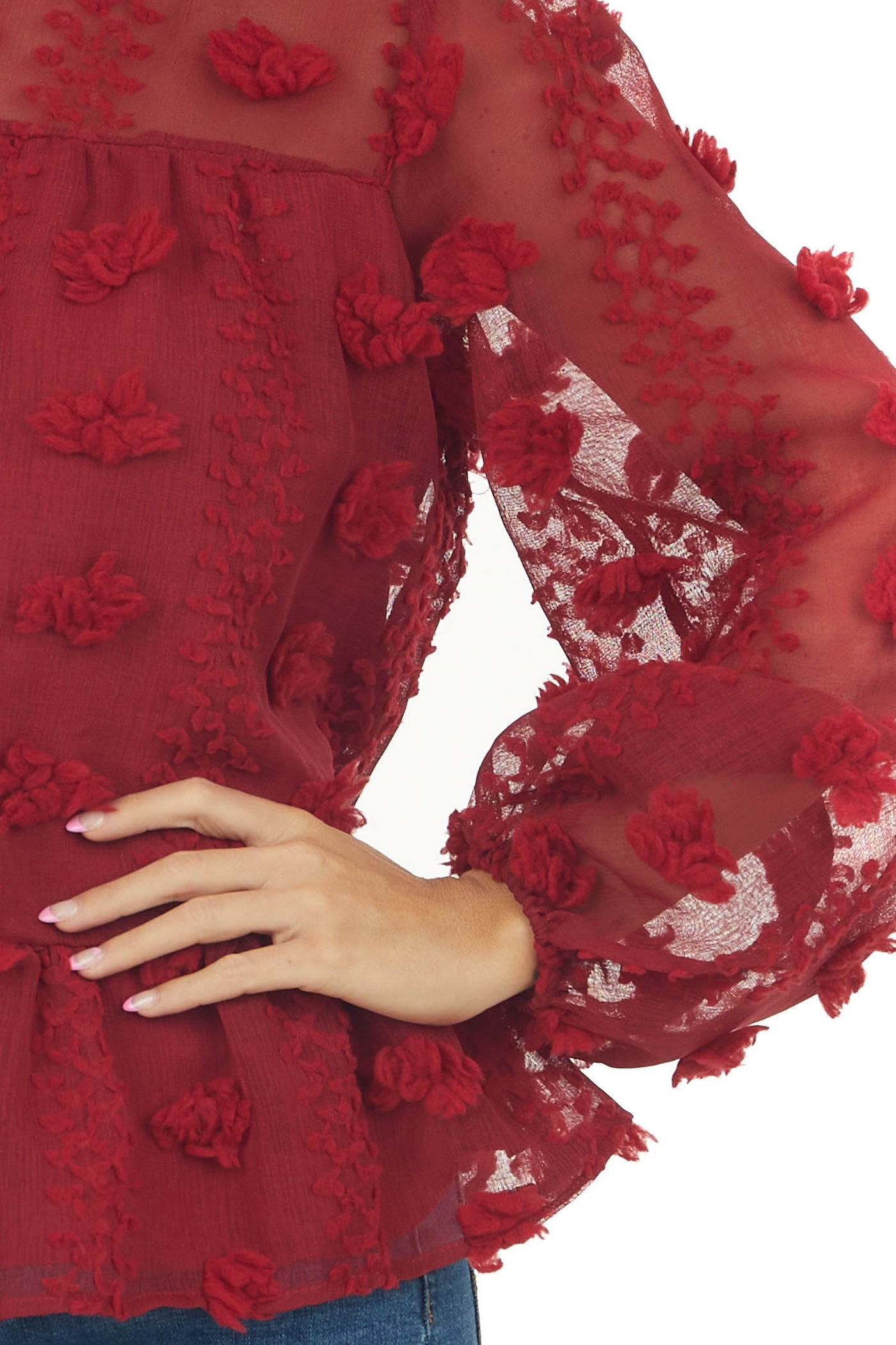 Burgundy Long Sleeve Pom Pom Detail Babydoll Top