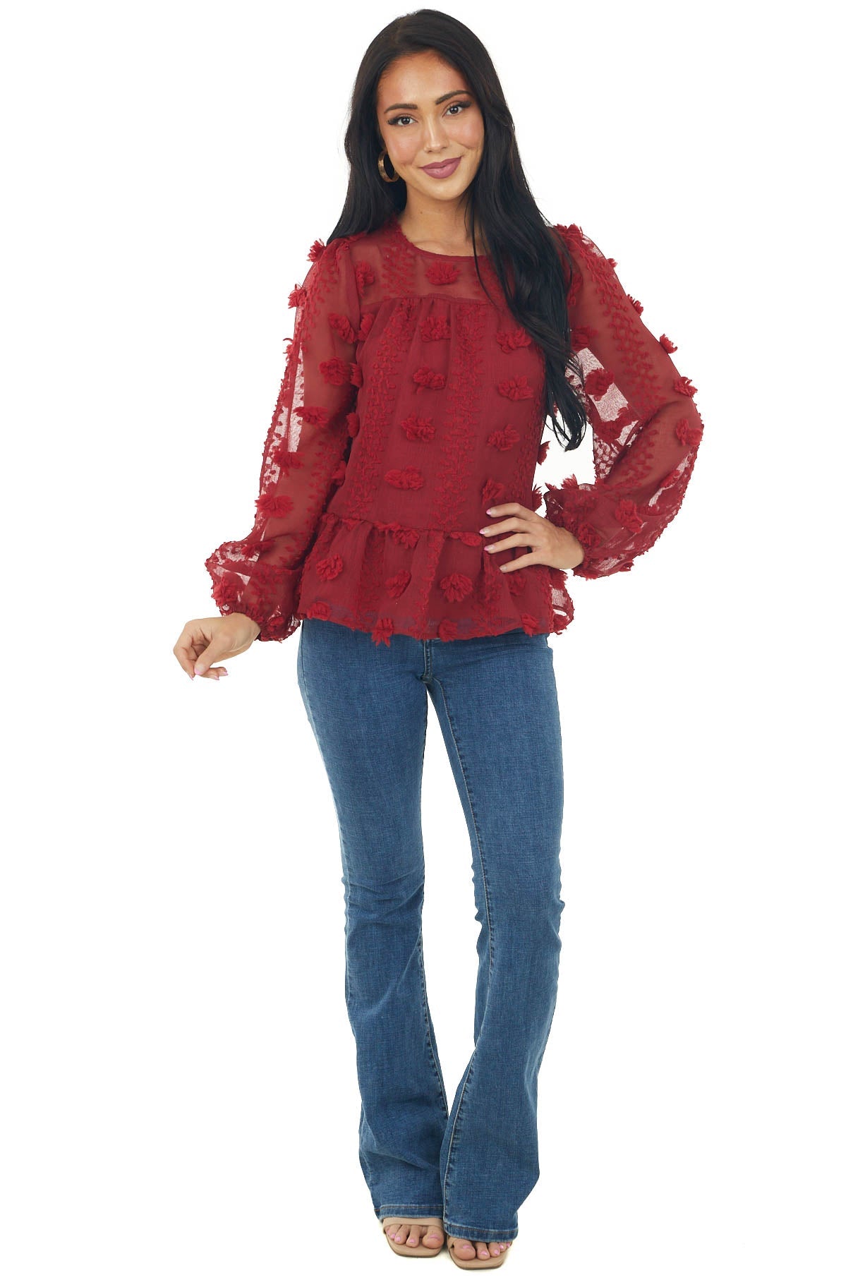 Burgundy Long Sleeve Pom Pom Detail Babydoll Top