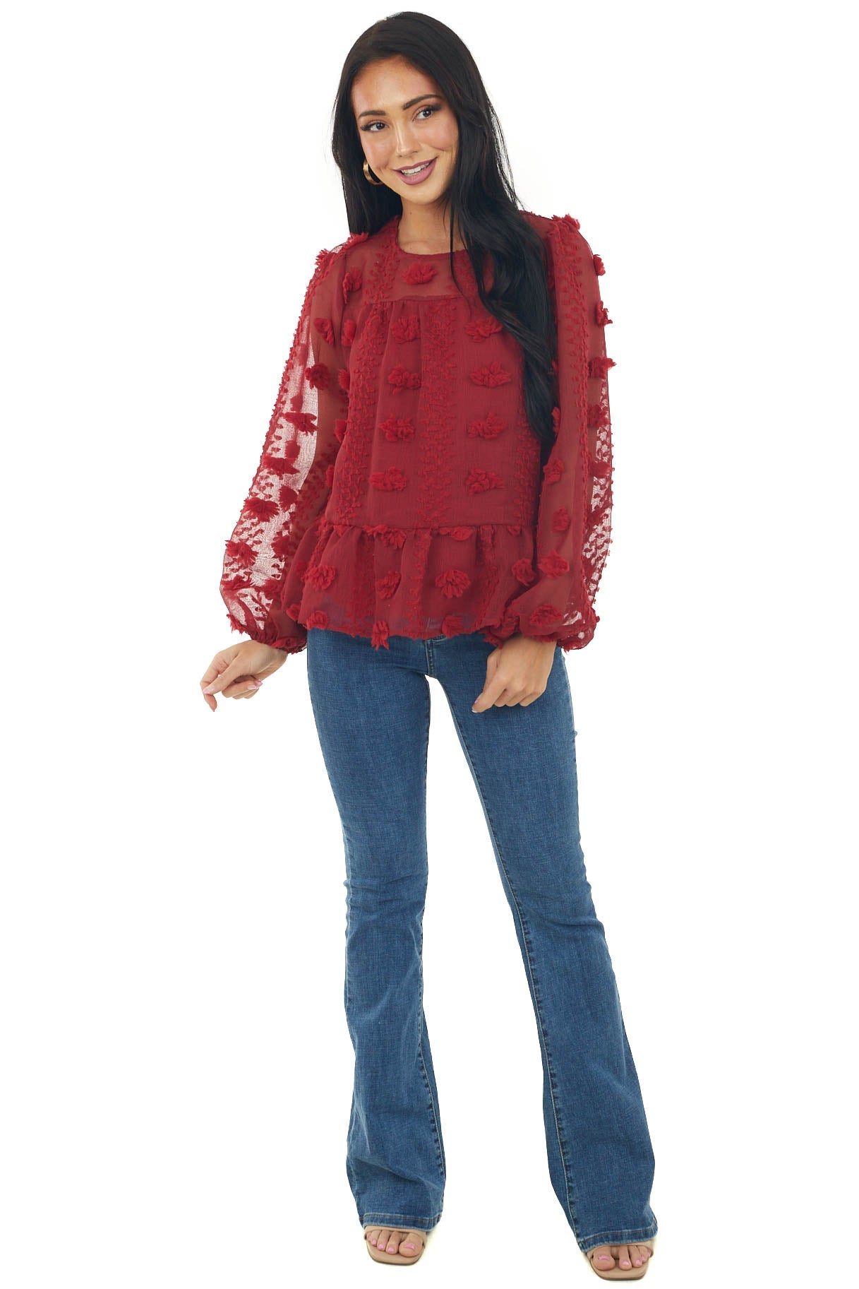Burgundy Long Sleeve Pom Pom Detail Babydoll Top
