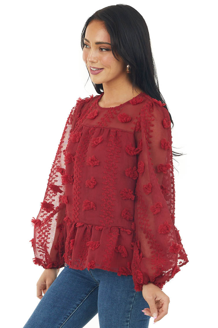 Burgundy Long Sleeve Pom Pom Detail Babydoll Top