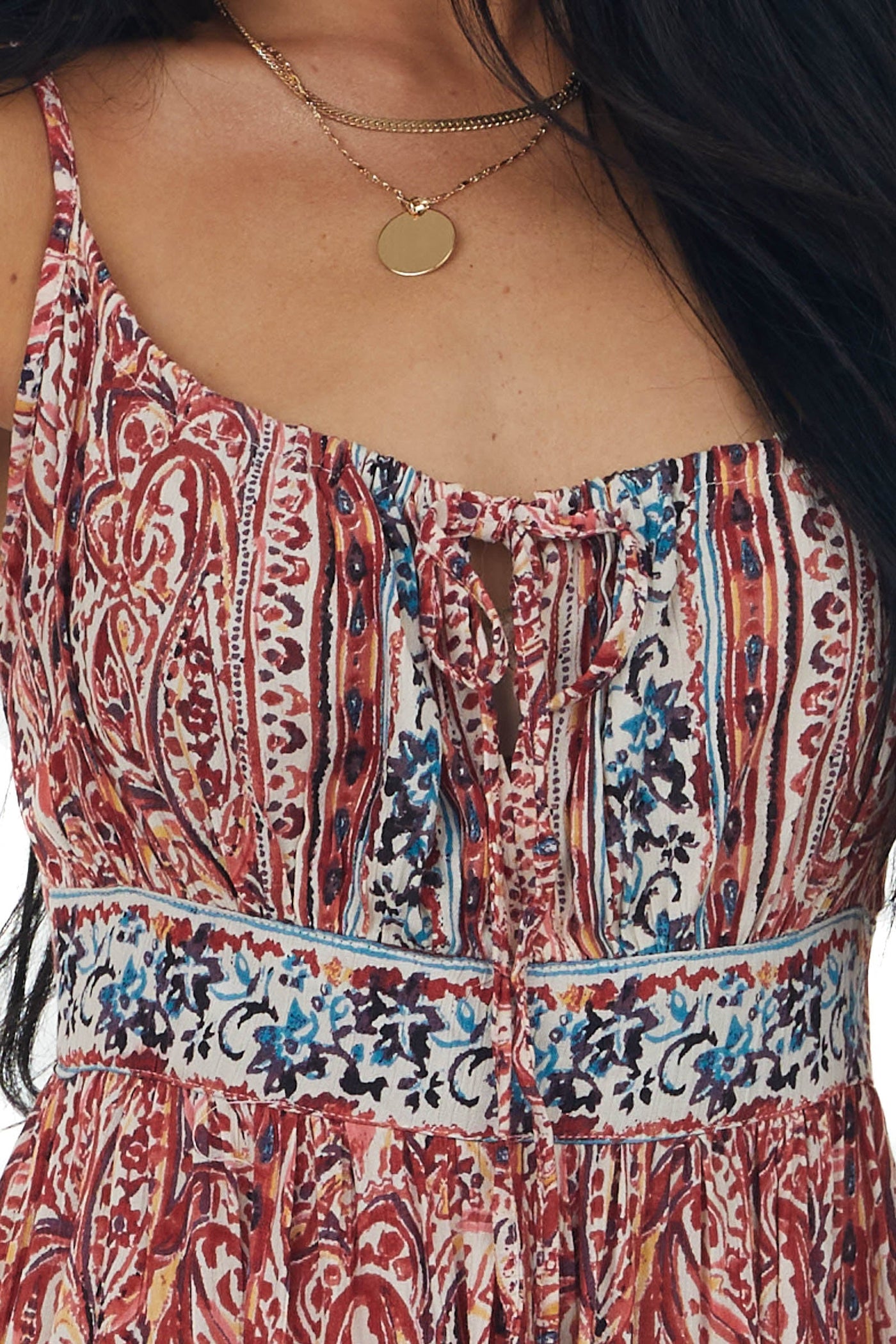 Burgundy Printed Sleeveless Tie Front Maxi Dress