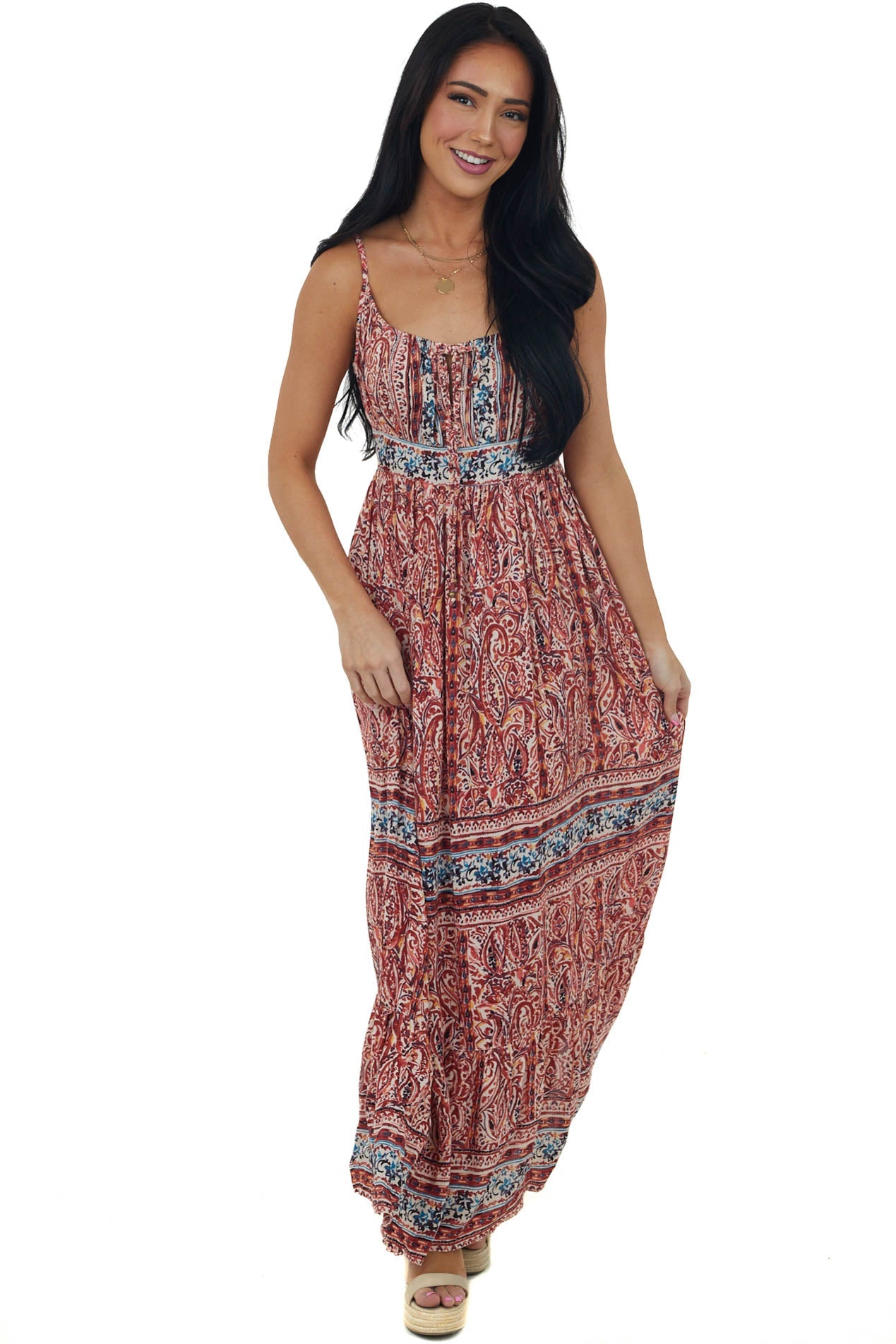 Burgundy Printed Sleeveless Tie Front Maxi Dress