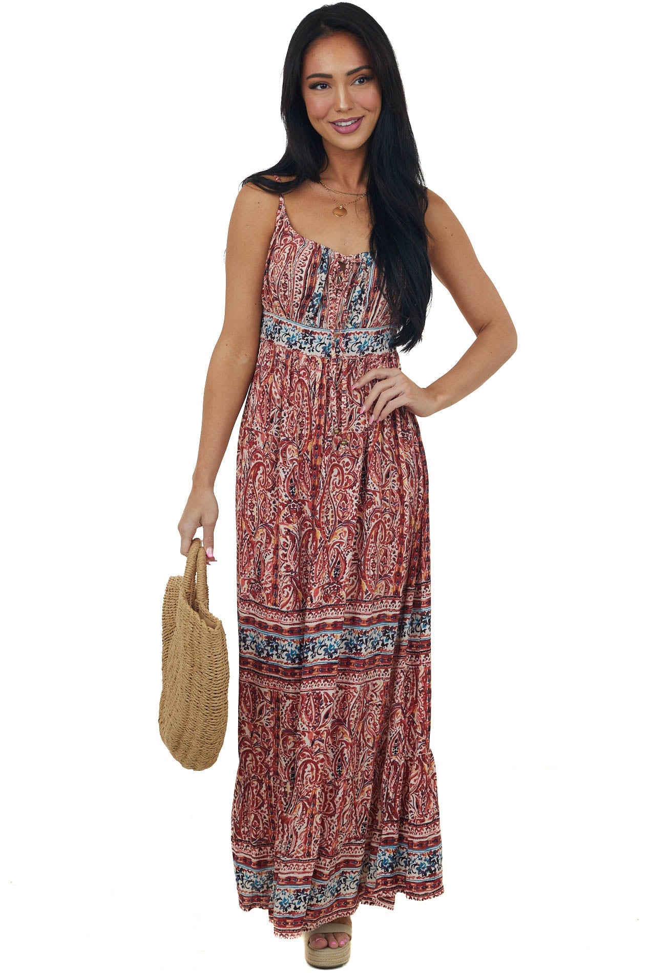 Burgundy Printed Sleeveless Tie Front Maxi Dress