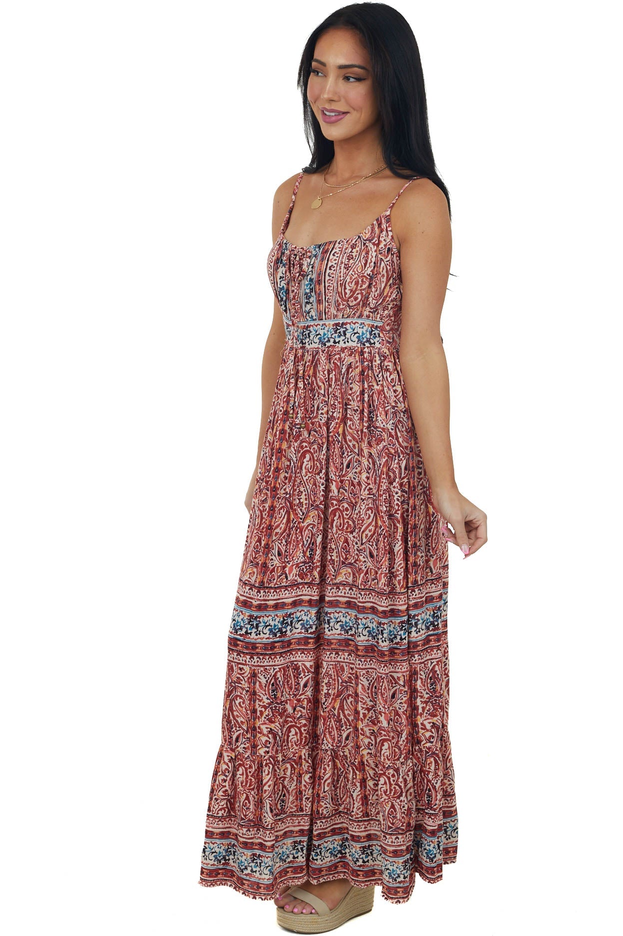 Burgundy Printed Sleeveless Tie Front Maxi Dress