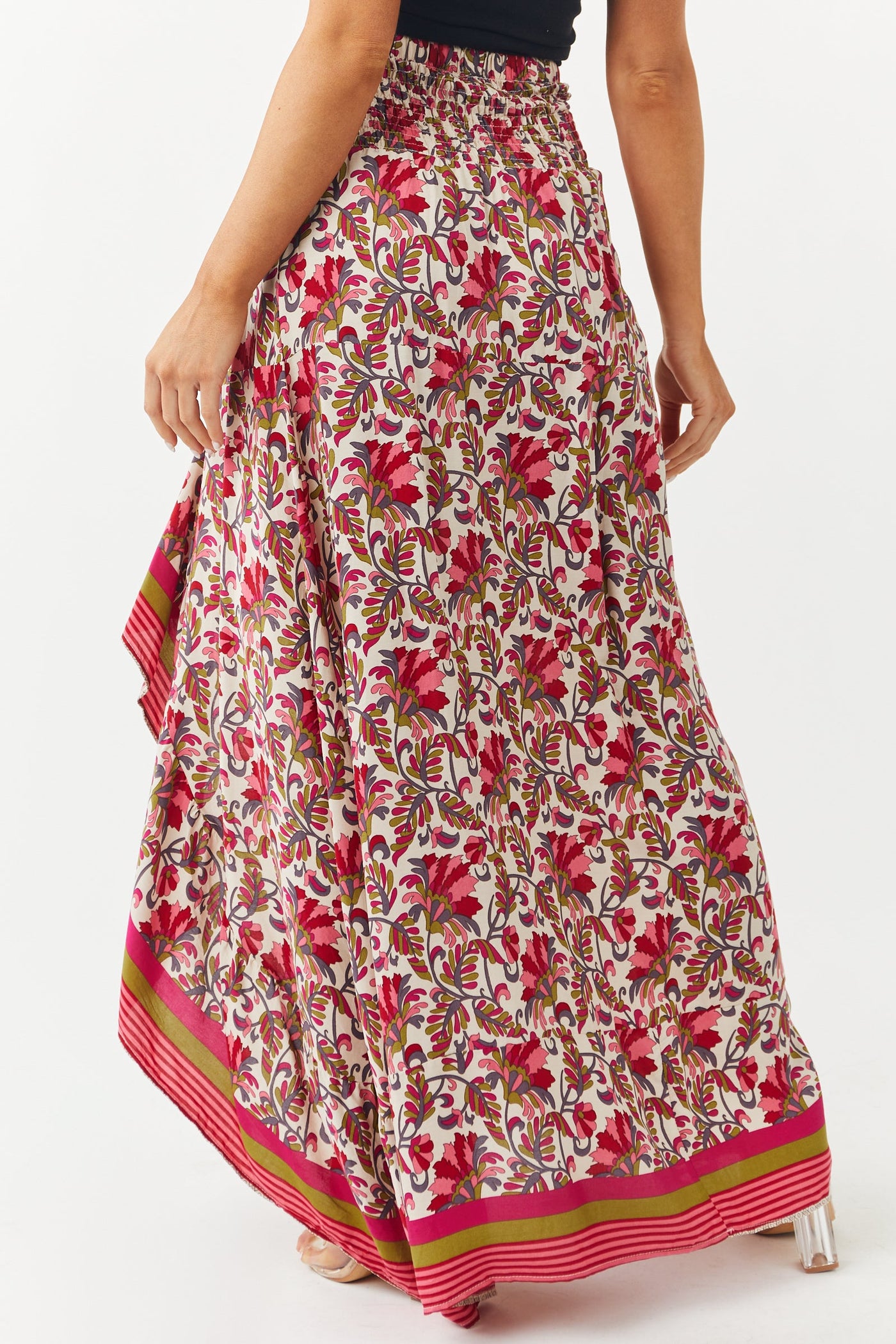 Burgundy Printed Smocked Waist High Low Skirt
