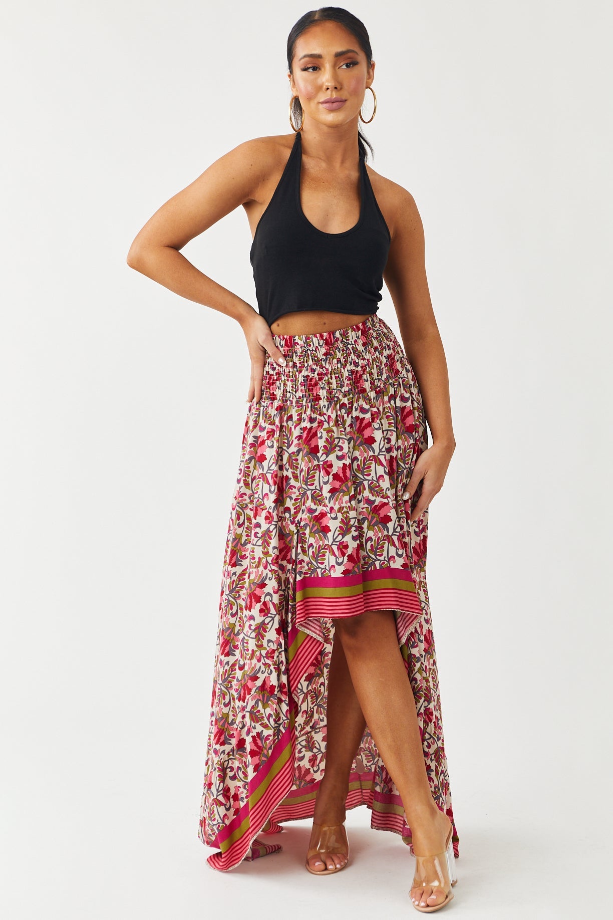 Burgundy Printed Smocked Waist High Low Skirt