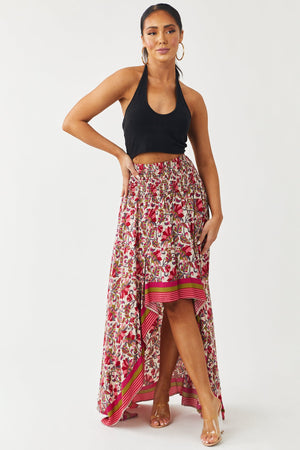 Burgundy Printed Smocked Waist High Low Skirt