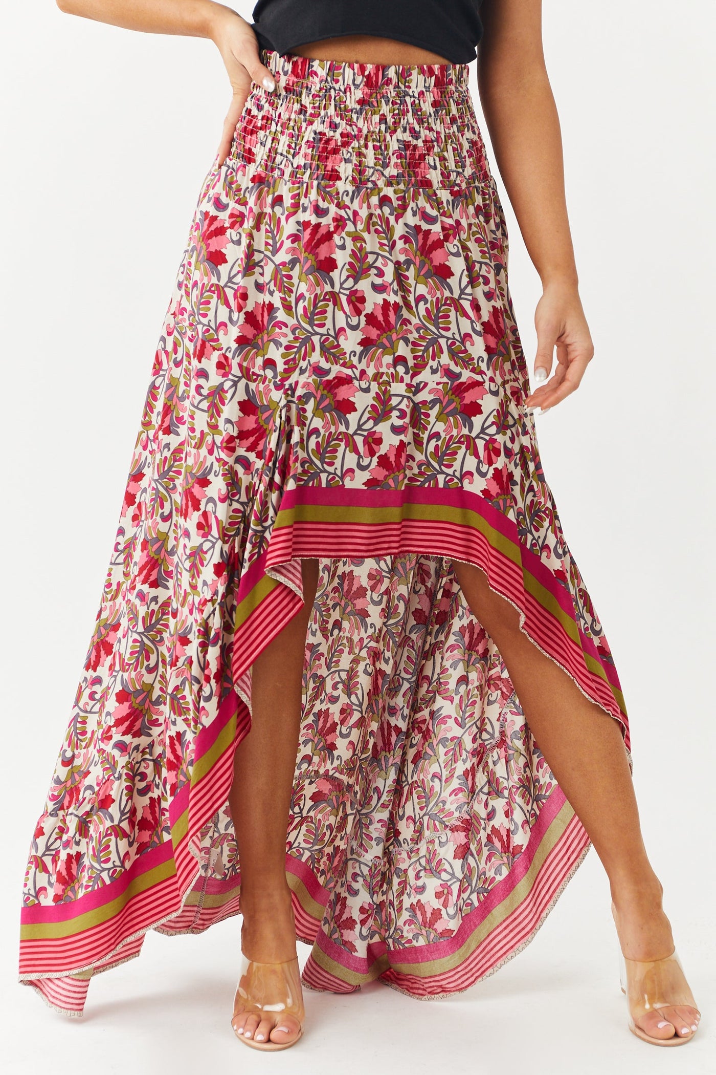 Burgundy Printed Smocked Waist High Low Skirt