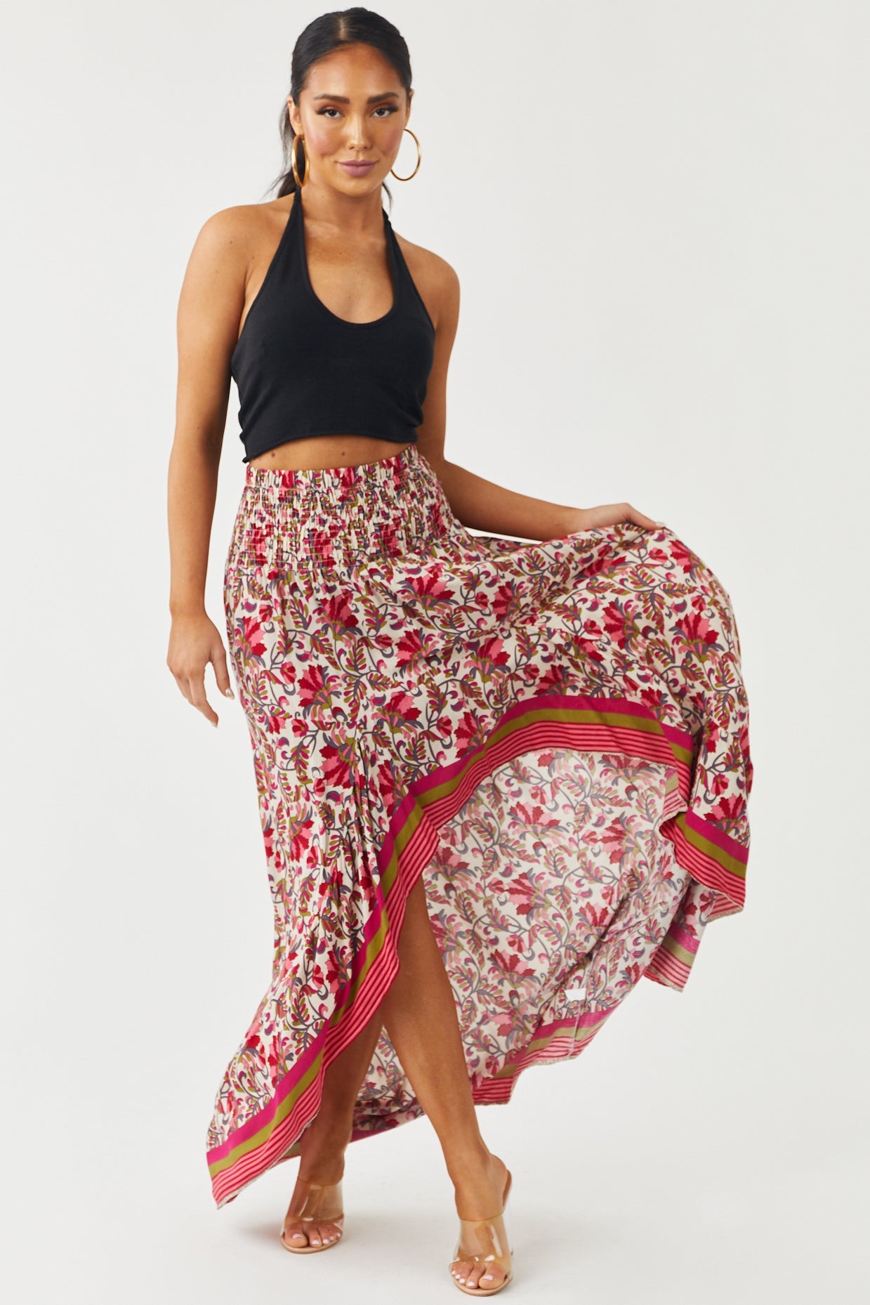 Burgundy Printed Smocked Waist High Low Skirt