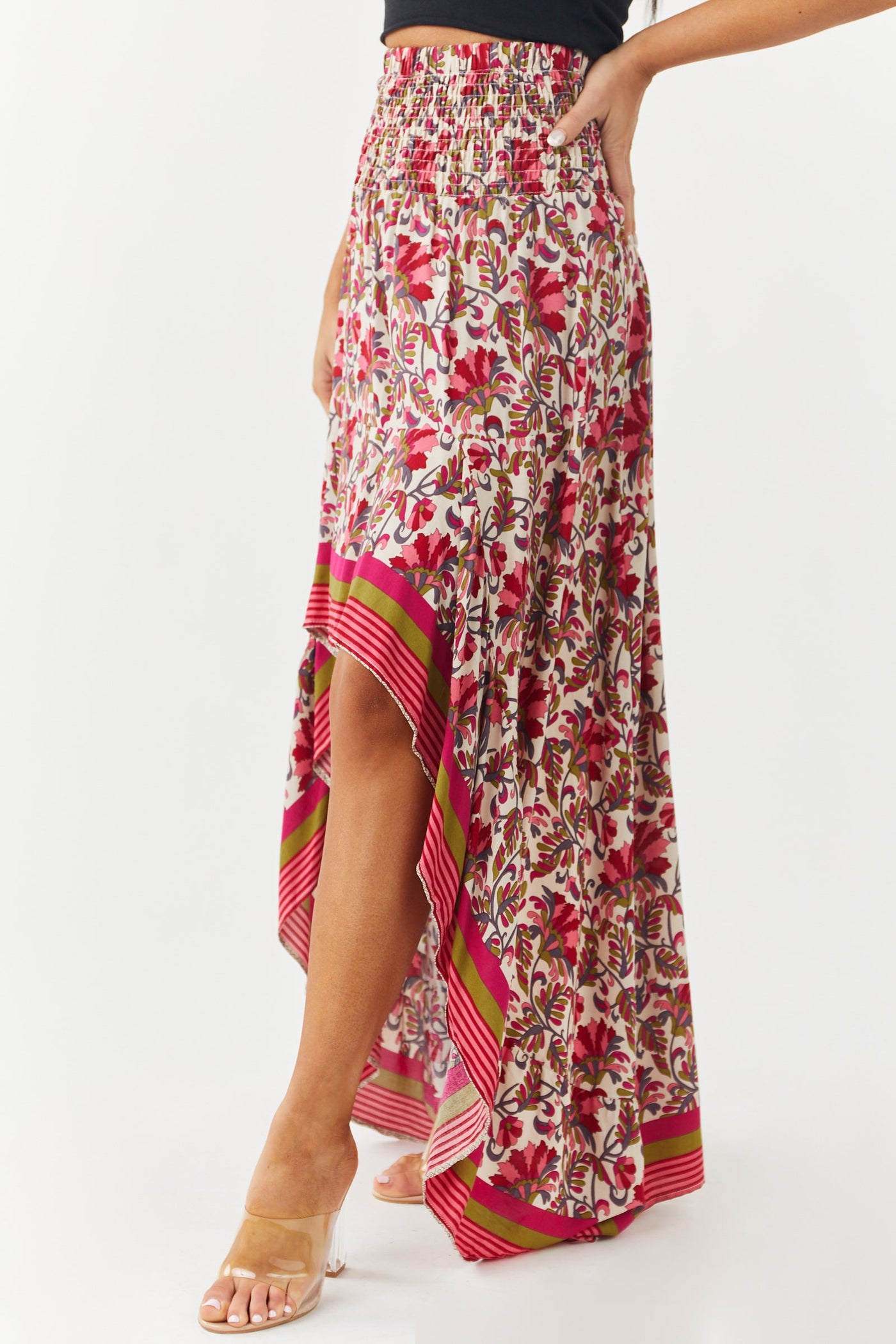 Burgundy Printed Smocked Waist High Low Skirt