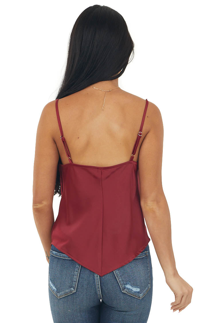 Burgundy Satin Cowl Neck Handkerchief Hem Cami
