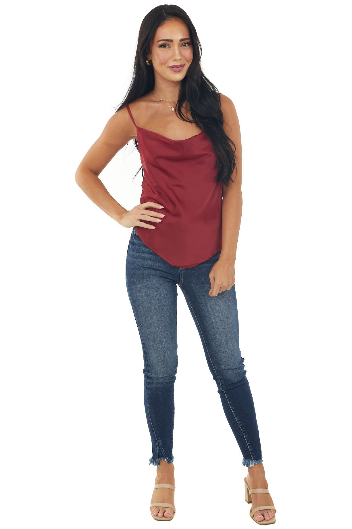 Burgundy Satin Cowl Neck Handkerchief Hem Cami