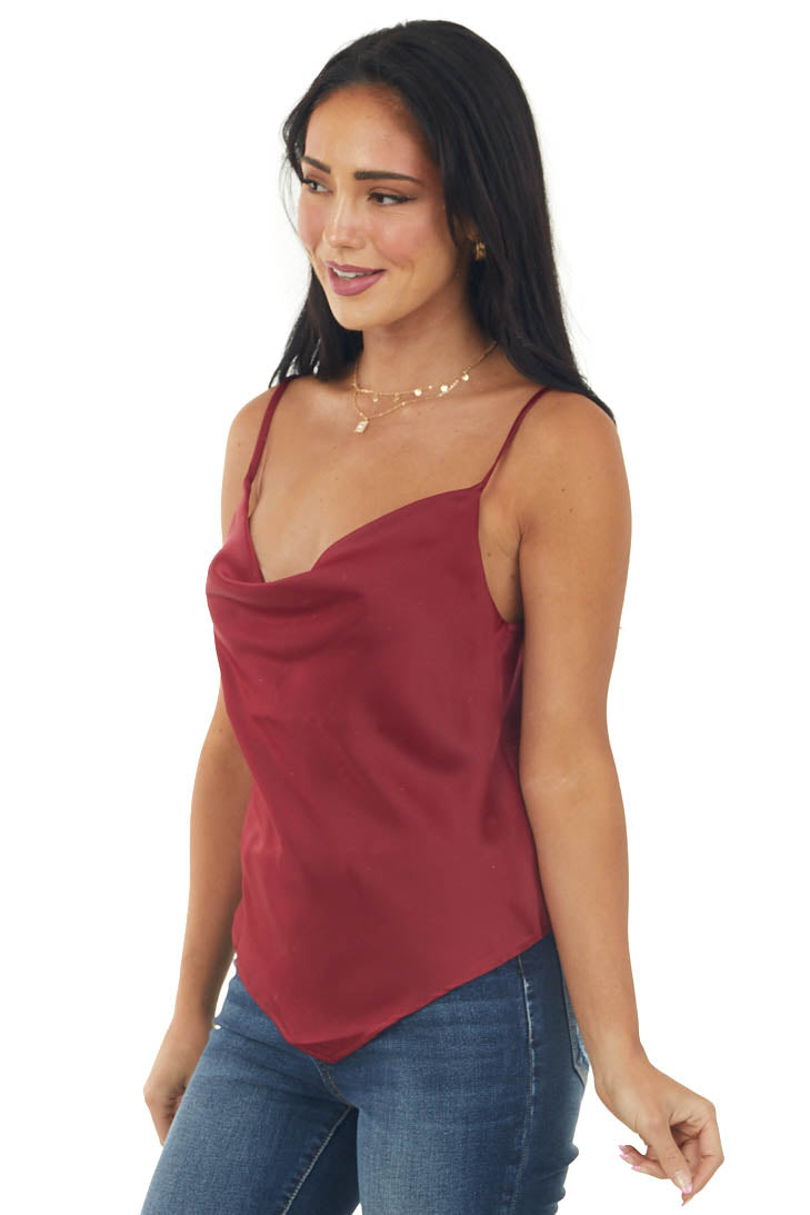 Burgundy Satin Cowl Neck Handkerchief Hem Cami