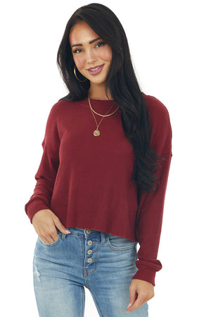 Burgundy Soft Ribbed Knit Long Sleeve Top