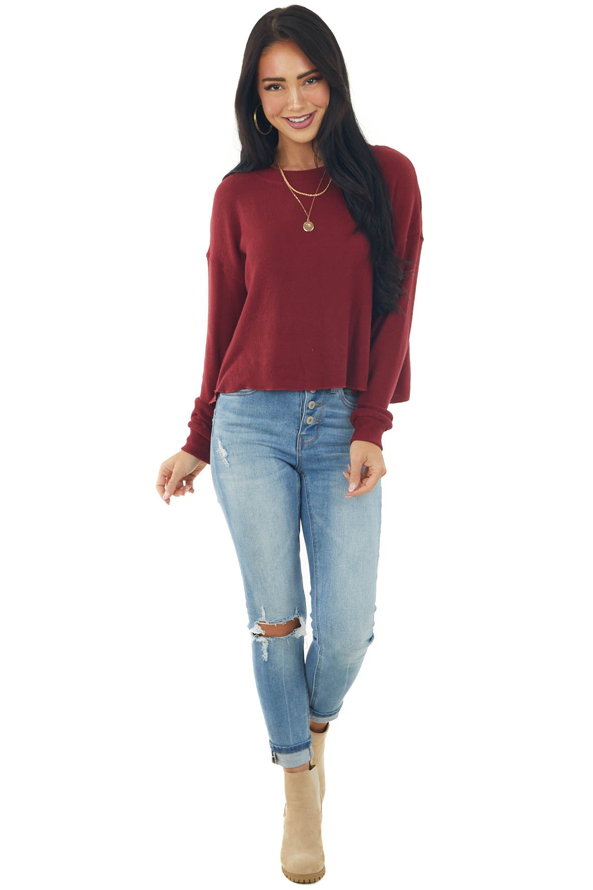 Burgundy Soft Ribbed Knit Long Sleeve Top