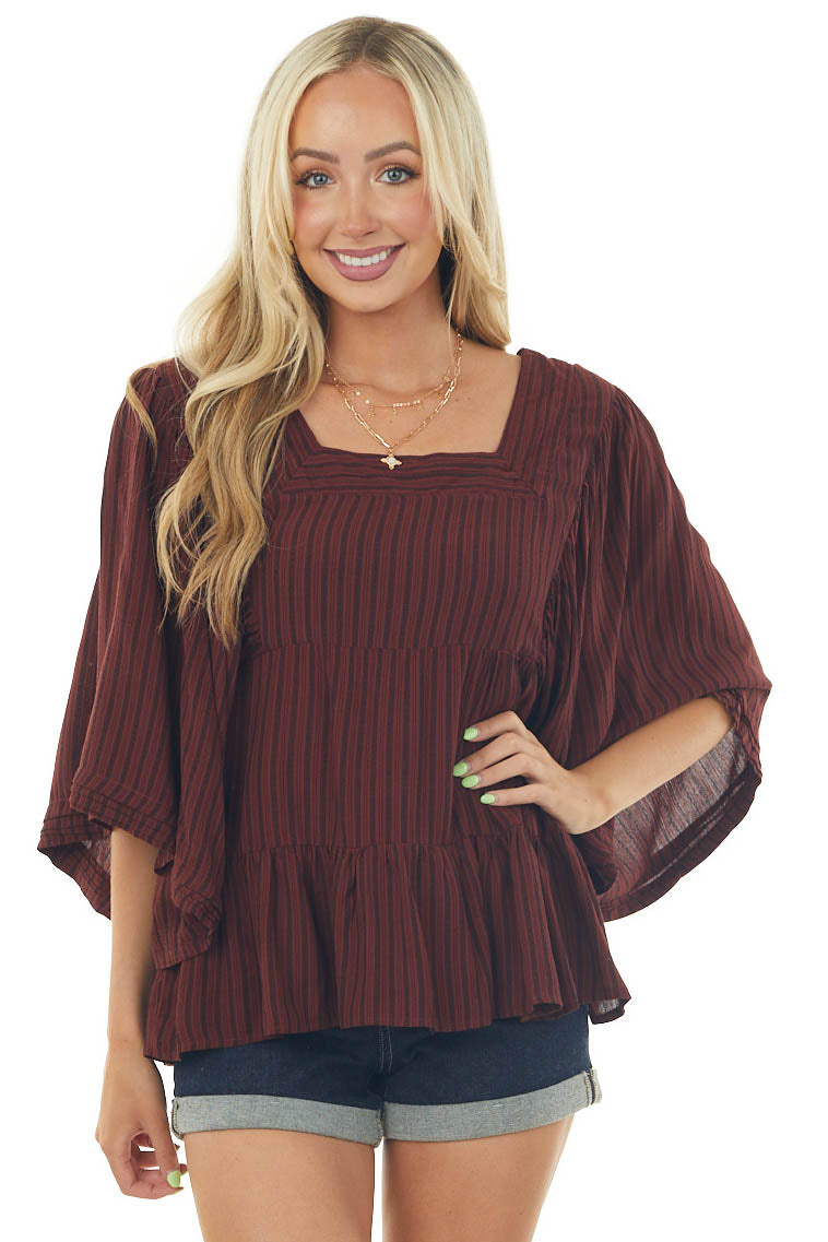 Burgundy Striped Angel Sleeve Tiered Woven Top