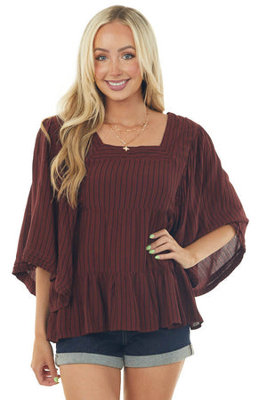 Burgundy Striped Angel Sleeve Tiered Woven Top