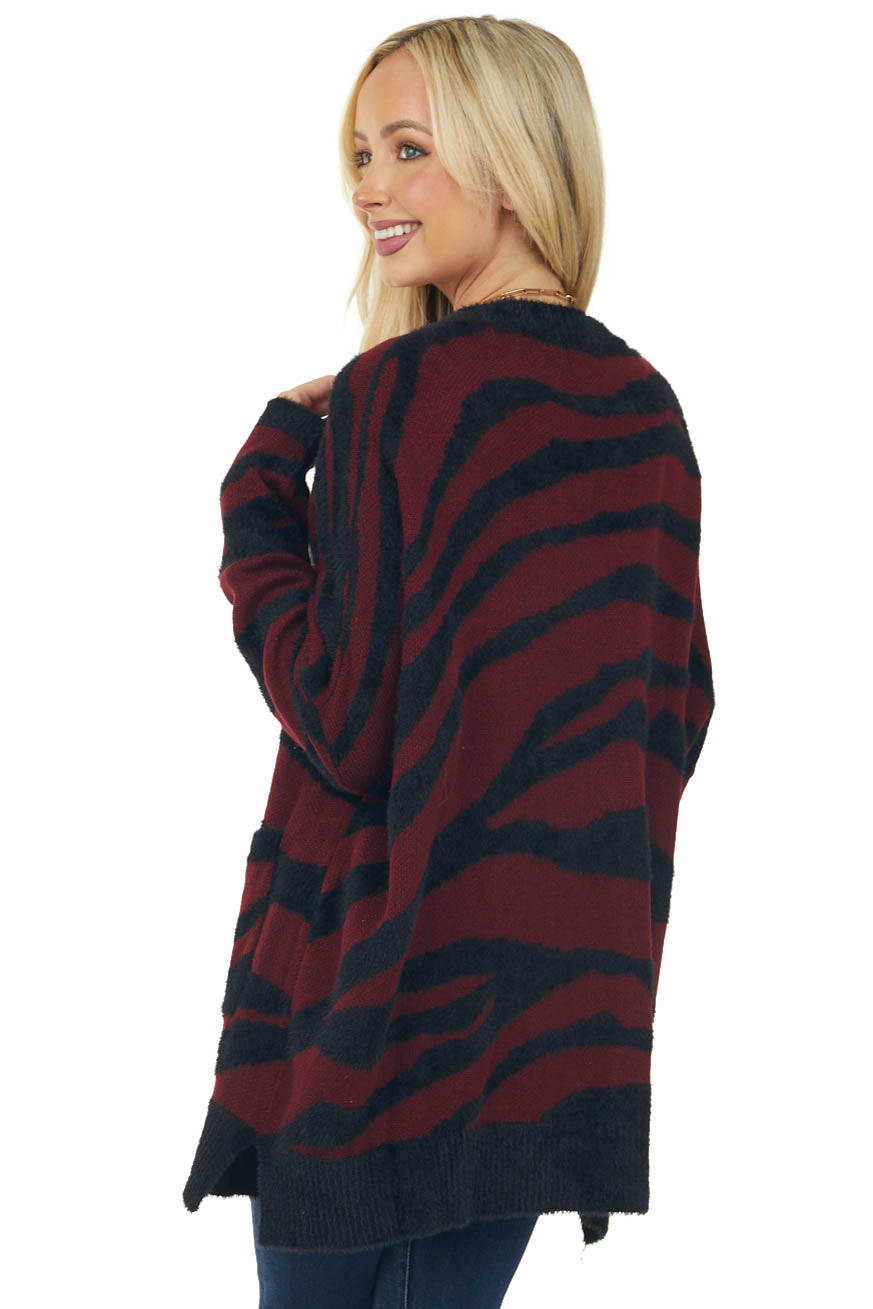 Burgundy Zebra Pattern Knit Cardigan with Pockets