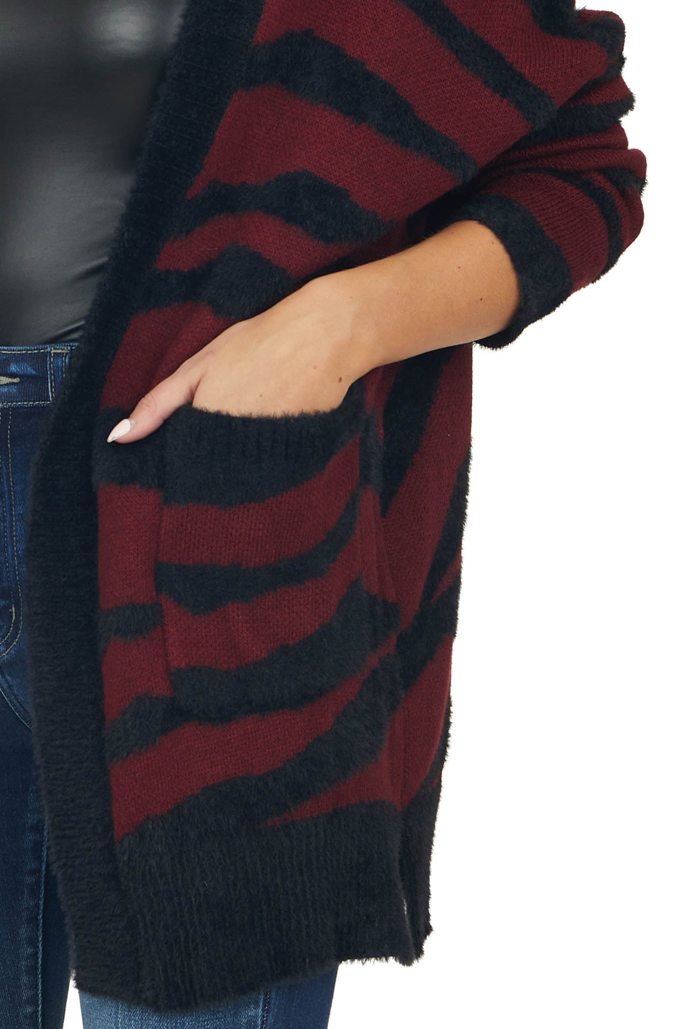 Burgundy Zebra Pattern Knit Cardigan with Pockets