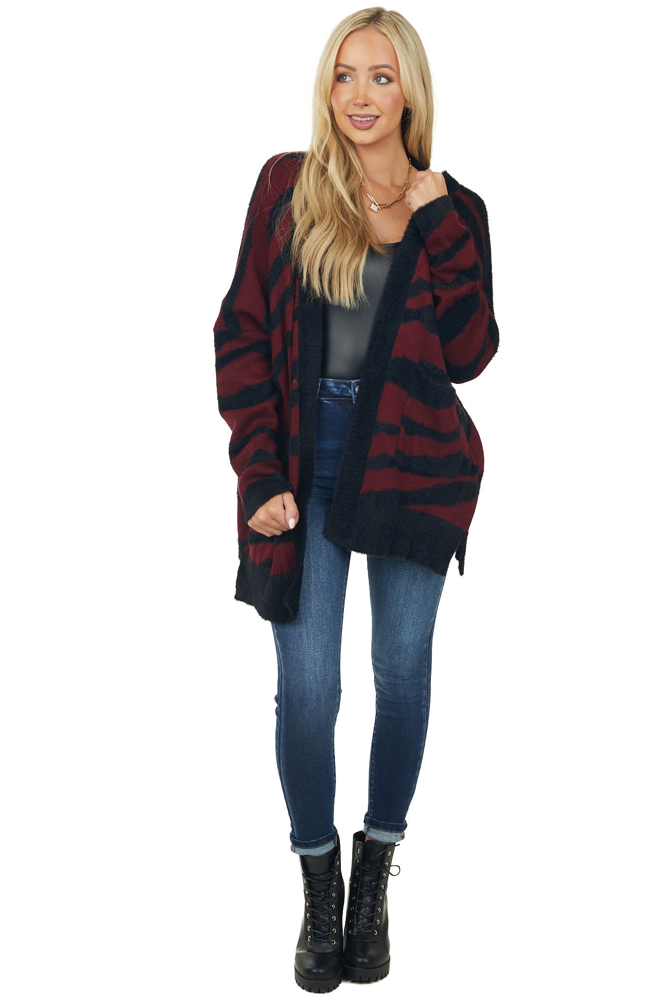 Burgundy Zebra Pattern Knit Cardigan with Pockets