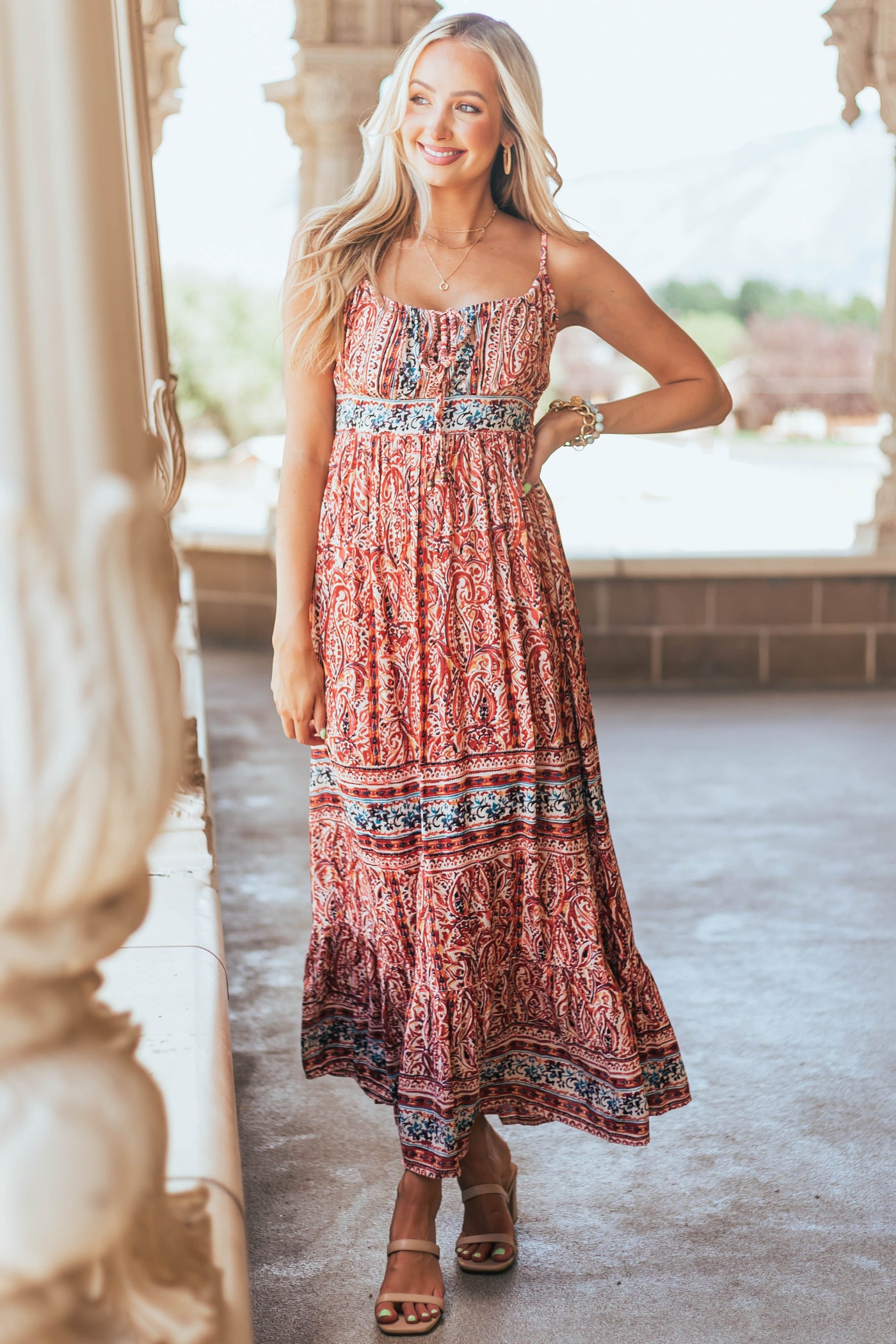 Burgundy Printed Sleeveless Tie Front Maxi Dress