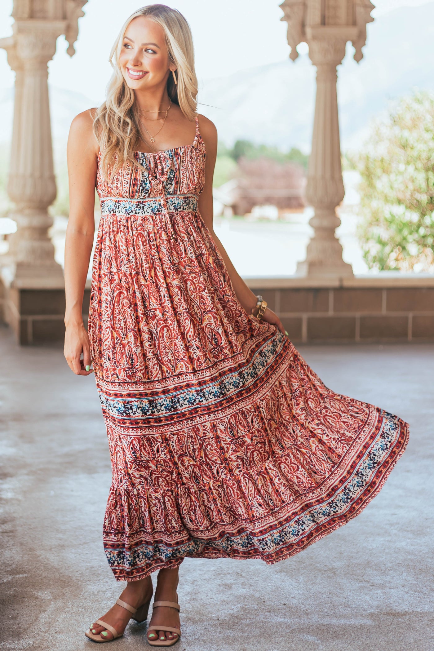Burgundy Printed Sleeveless Tie Front Maxi Dress