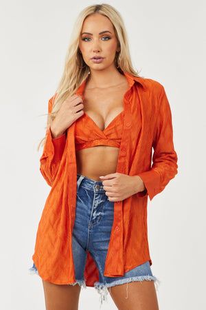 Burnt Orange Crinkle Woven Shirt and Bra Set