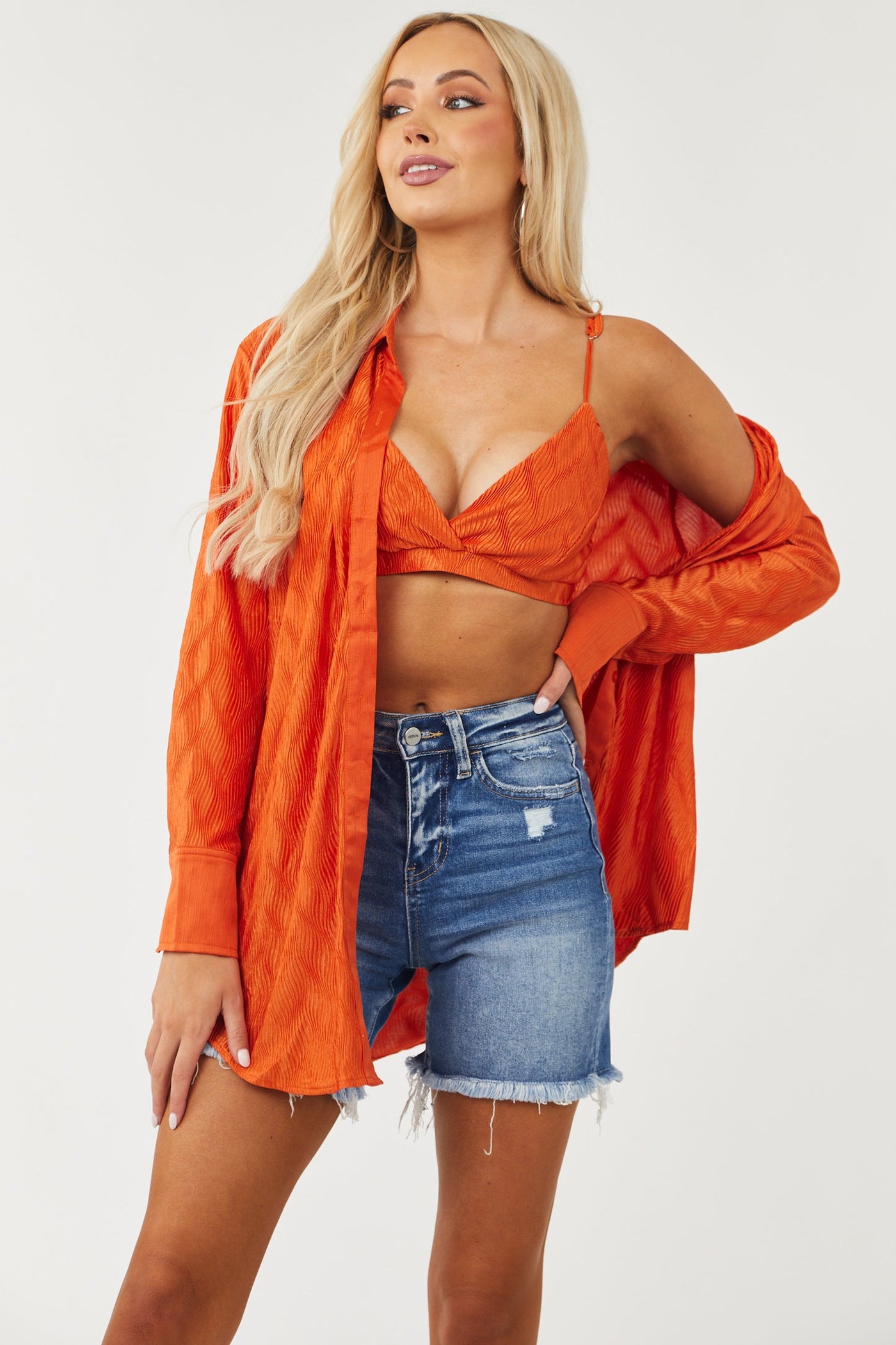 Burnt Orange Crinkle Woven Shirt and Bra Set