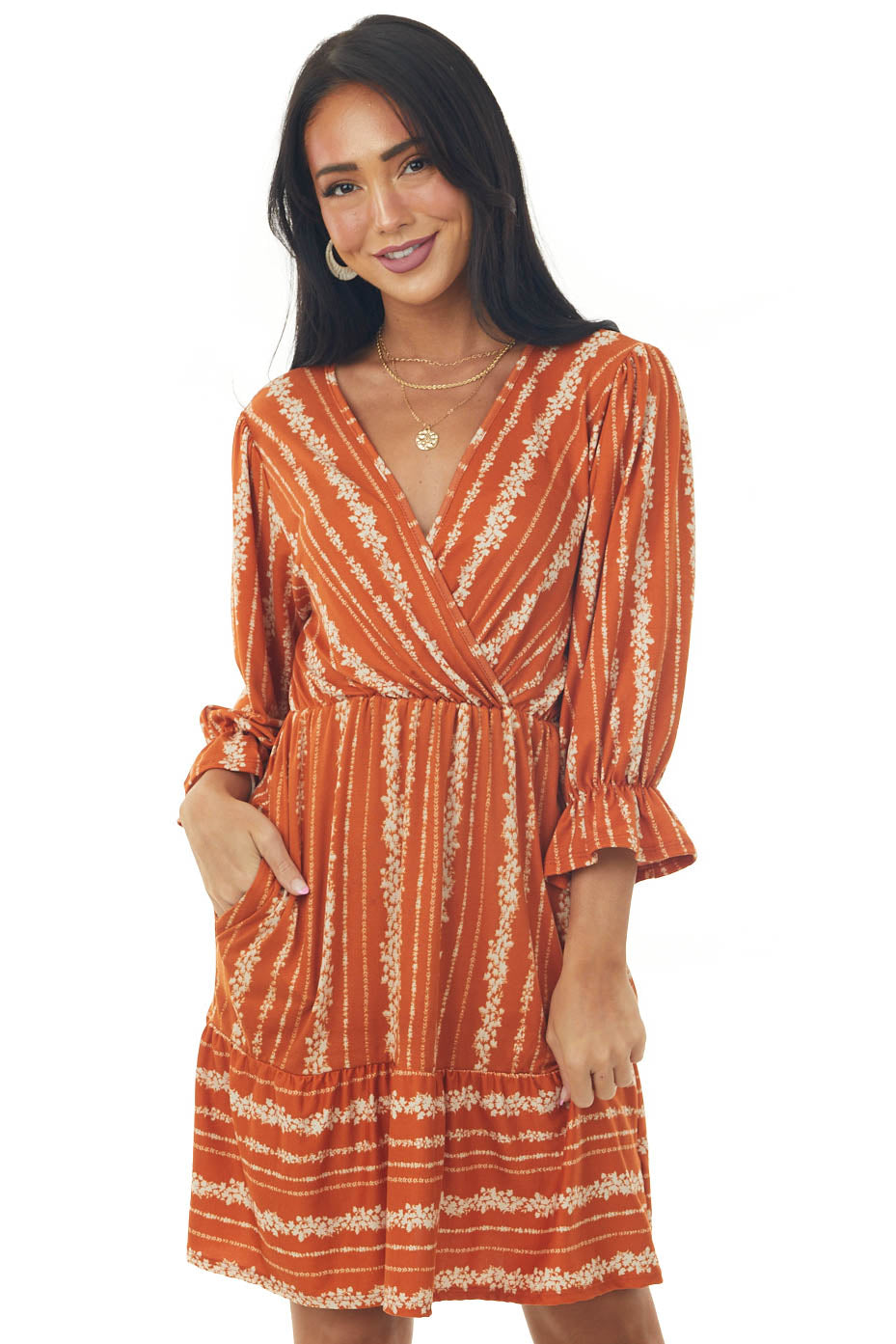 Burnt Orange Floral Print Surplice Short Dress