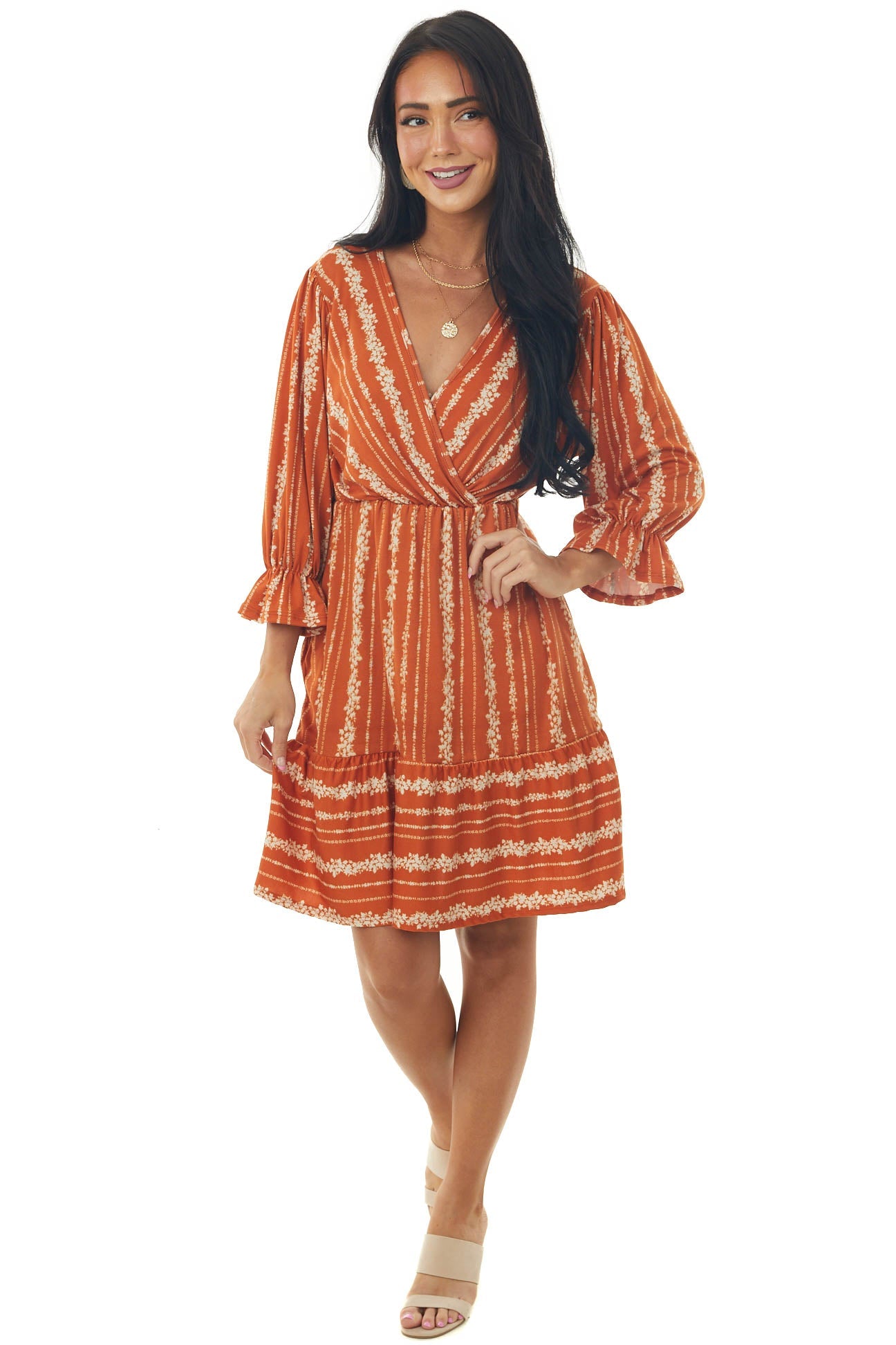 Burnt Orange Floral Print Surplice Short Dress