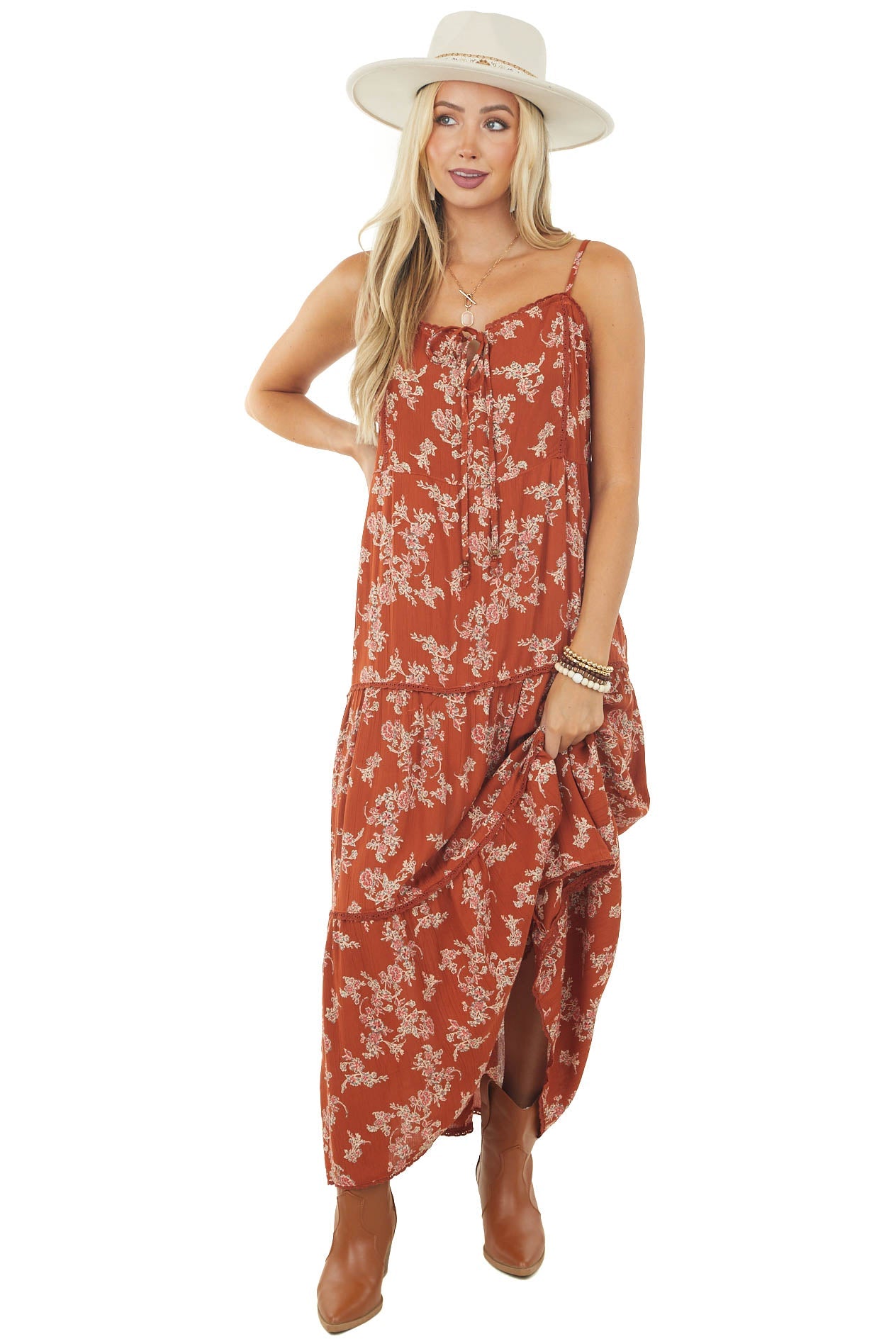 Burnt Orange Floral Print Tiered Maxi Dress