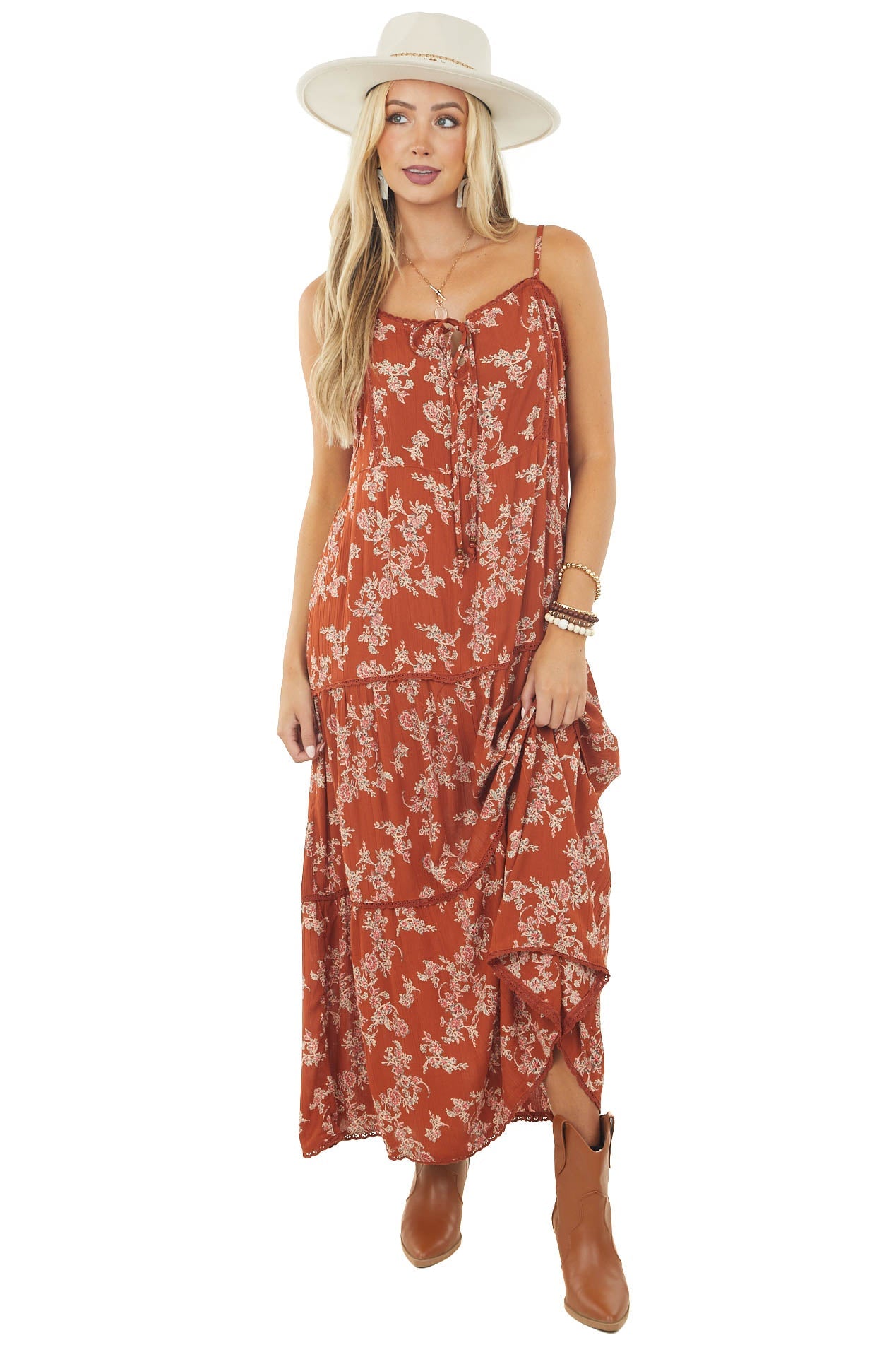 Burnt Orange Floral Print Tiered Maxi Dress