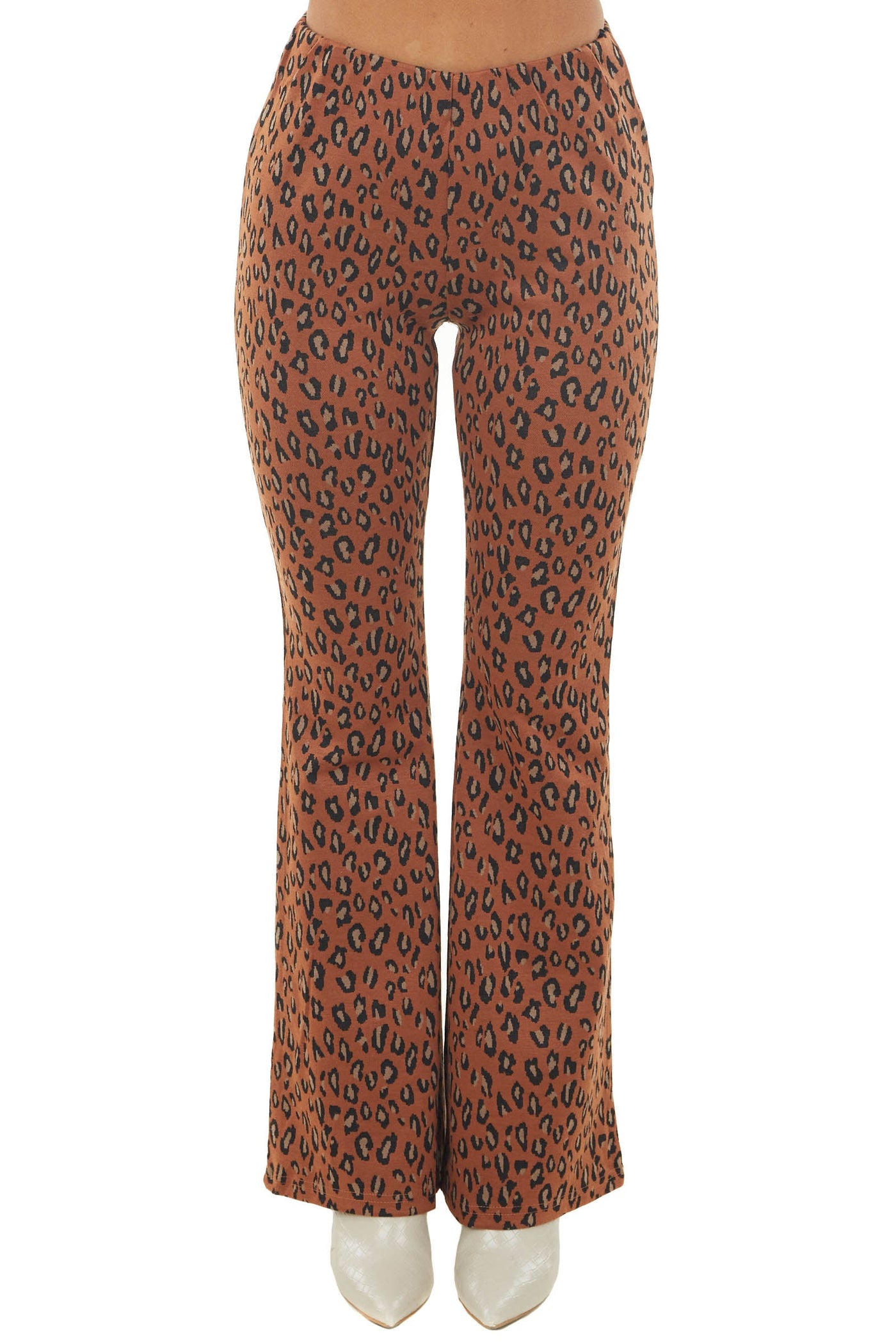 Burnt Orange Leopard Print Knit Flare Pants